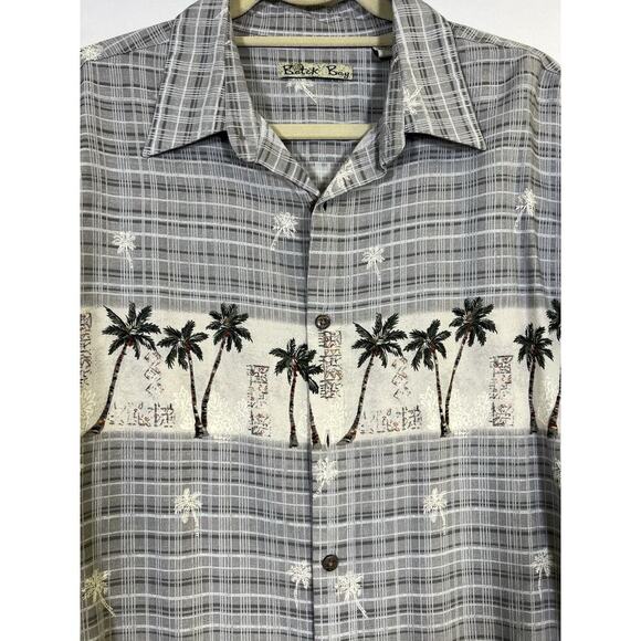 VTG Men’s Silk Button Down Hawaiian Shirt L Gray Pocket Polynesian Batik Bay - Picture 5 of 10